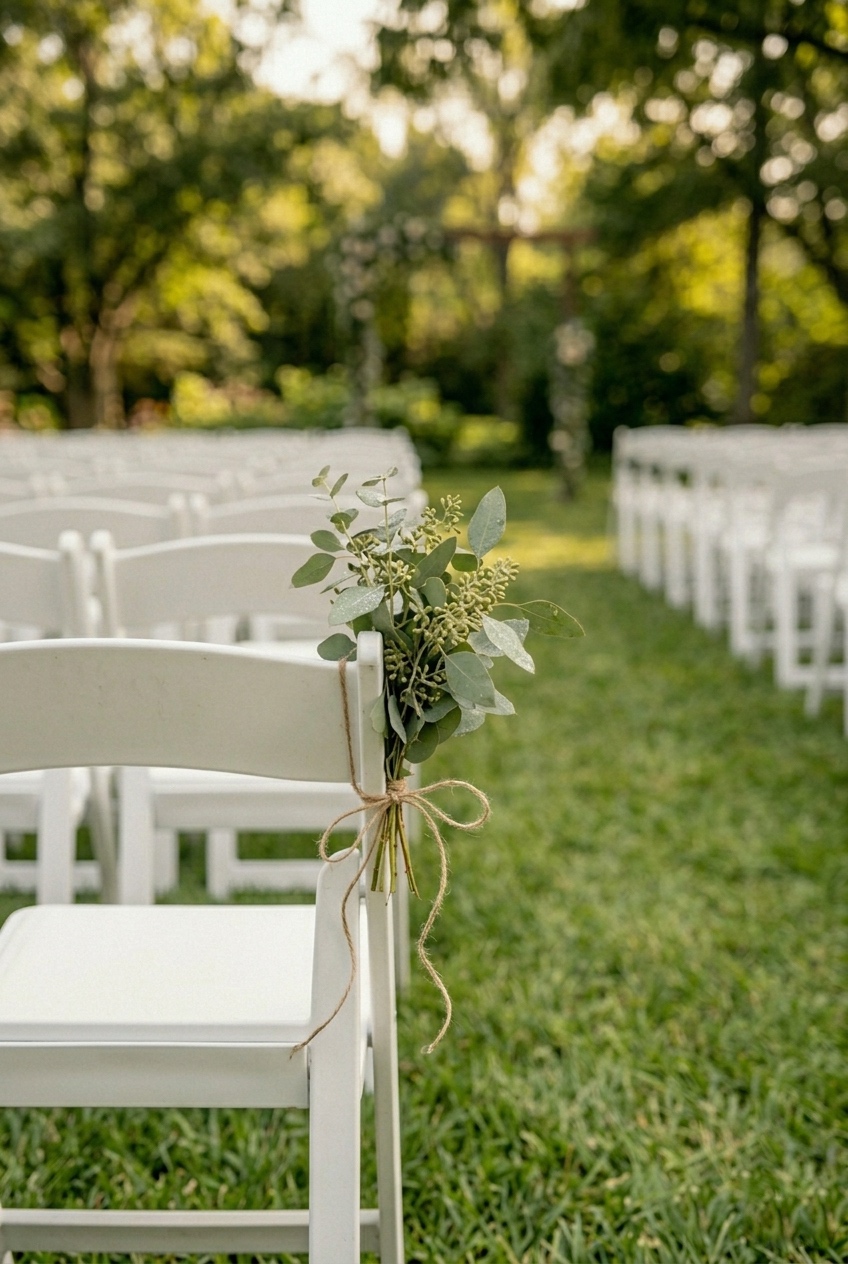 IMAGE 1 HERE Alt text: Eucalyptus bundle tied with jute twine to the end of a wooden folding chair at a wedding ceremony Image prompt: Photorealistic close-up portrait of the end chair in a wedding ceremony row. A small bundle of seeded eucalyptus stems is tied to the chair back with a loose loop of natural jute twine. The eucalyptus is fresh green-grey, lightly dewy. The chair is a classic white wooden folding style. Blurred background suggests rows of chairs receding toward an altar. Soft natural window light from the left side. Generate in vertical portrait orientation, 2:3 aspect ratio, optimized for mobile display.