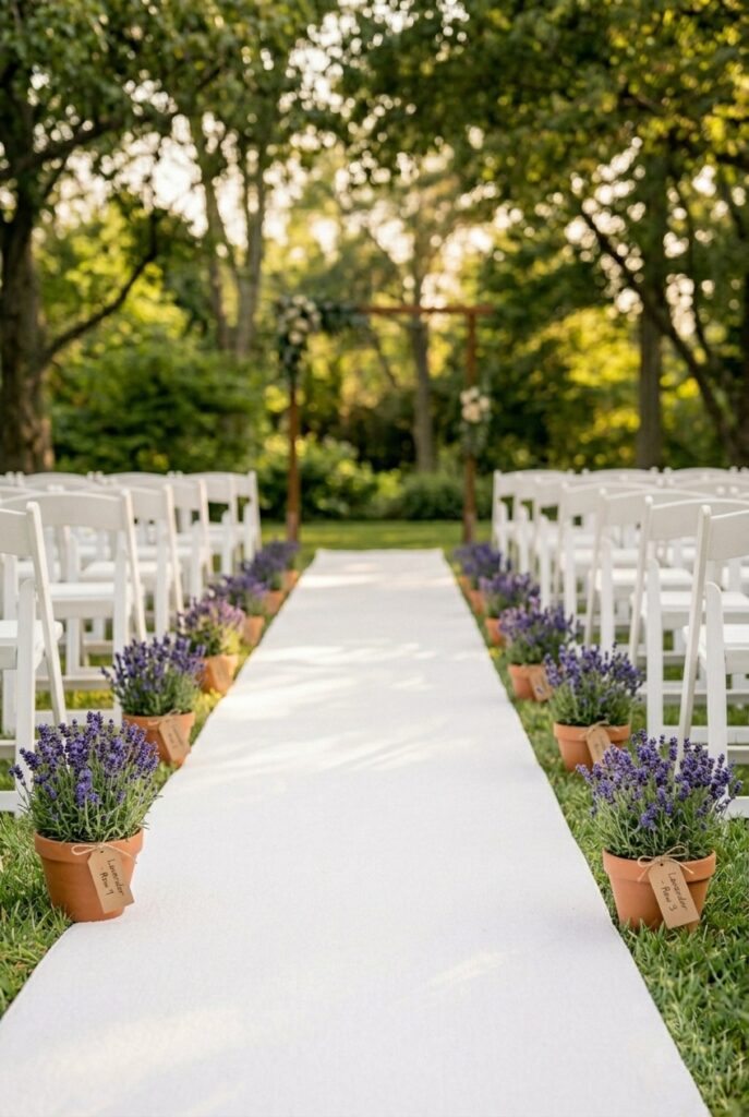 IMAGE 7 HERE Alt text: Small terracotta pots of fresh lavender placed at the end of each chair row as simple wedding aisle decor Image prompt: Photorealistic image of a wedding ceremony aisle lined with small terracotta pots of blooming lavender at the end of each row of white chairs. The pots are simple, unglazed terra cotta. The lavender is deep purple-blue and fragrant-looking. A small natural kraft paper tag tied with twine hangs from each pot stem. Soft natural afternoon light. Garden setting. Generate in vertical portrait orientation, 2:3 aspect ratio, optimized for mobile display.