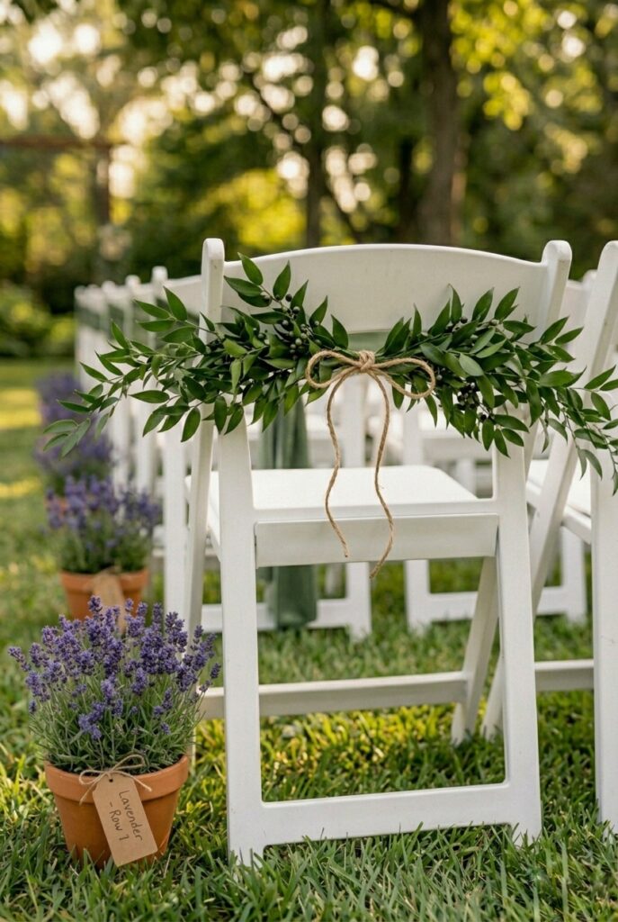 IMAGE 9 HERE Alt text: Fresh Italian ruscus greenery swag tied with jute twine attached to the back of a white folding chair at an outdoor wedding Image prompt: Photorealistic close-up of a fresh Italian ruscus greenery swag tied to the back of a white wooden folding chair with a natural jute twine bow. The ruscus is dark glossy green with small berries. The swag hangs neatly from the chair back. Soft natural outdoor daylight. Background shows a blurred garden ceremony setting. Generate in vertical portrait orientation, 2:3 aspect ratio, optimized for mobile display.