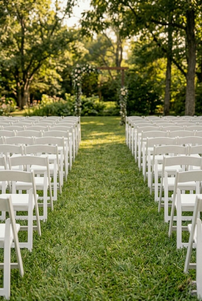 IMAGE 10 HERE Alt text: Clean undecorated outdoor wedding ceremony aisle with white chairs and natural grass at a garden venue, no aisle markers Image prompt: Photorealistic wide shot of a minimalist outdoor wedding ceremony aisle with rows of white folding chairs and no aisle decorations. The aisle is plain mown grass leading to a simple floral arch in the far background. The undecorated space feels intentional and editorial, not unfinished. Soft natural afternoon daylight. Greenery and trees form a blurred backdrop. Generate in vertical portrait orientation, 2:3 aspect ratio, optimized for mobile display.