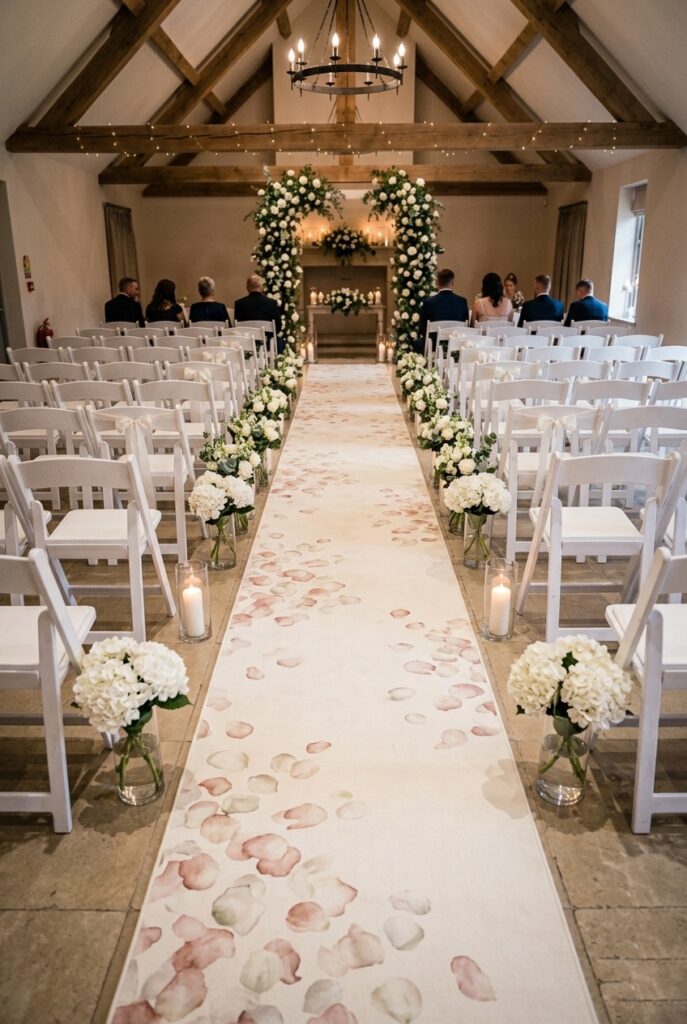 IMAGE 2 HERE Alt text: Wide view of a wedding ceremony aisle with a cream linen runner decorated with watercolor blush and white rose petal designs, flanked by simple white hydrangea arrangements in glass vases Image prompt: Photorealistic image of an elegant wedding ceremony aisle with a printed linen runner. The runner features a subtle watercolor design of blush and white rose petals scattered across cream linen. Simple white hydrangea arrangements are positioned at intervals in clear glass vases on either side of the aisle. White folding chairs with simple white ribbon are visible on both sides. Natural soft window light illuminates the aisle runner and flowers. The perspective is from above looking down the aisle toward the altar. Generate in vertical portrait orientation, 2:3 aspect ratio, optimized for mobile display.