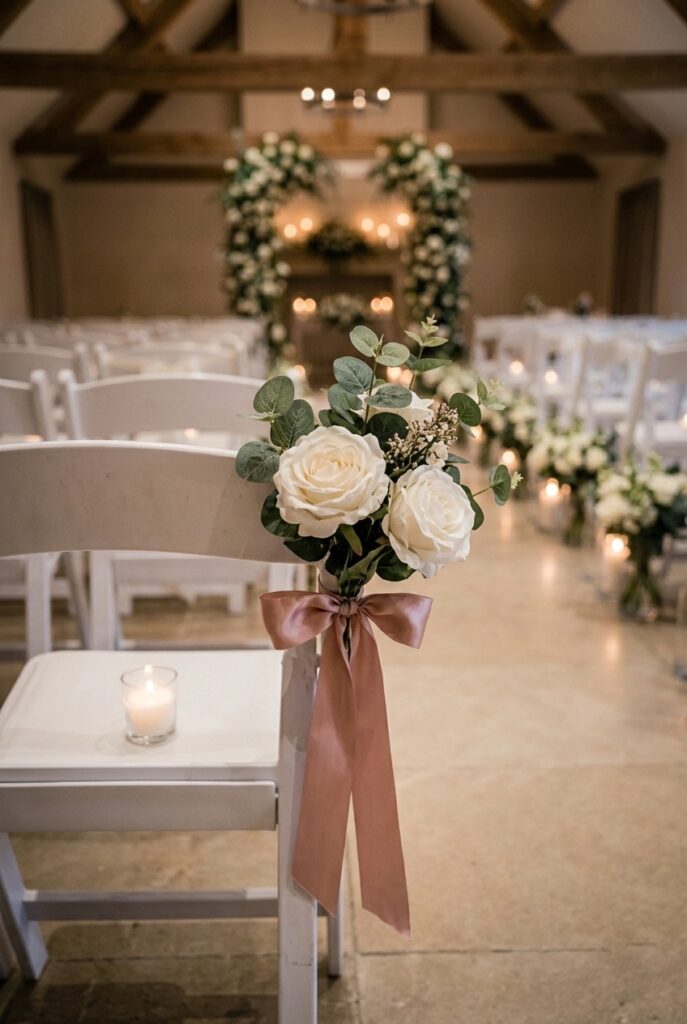 IMAGE 3 HERE Alt text: Detail shot of a single white silk flower pew marker tied to a white wooden chair with a delicate blush ribbon, with additional chairs and soft florals blurred in the background Image prompt: Photorealistic image of a simple but elegant wedding pew marker in warm candlelit atmosphere. A single white silk flower arrangement (approximately 8x6 inches) featuring garden roses and eucalyptus is tied to a white wooden Chiavari chair with a blush silk ribbon bow. The arrangement is at eye level on the chair back. Soft candlelight illuminates the flower details. Additional white chairs with matching arrangements are softly blurred in the background, suggesting the repetition down the aisle. Generate in vertical portrait orientation, 2:3 aspect ratio, optimized for mobile display.