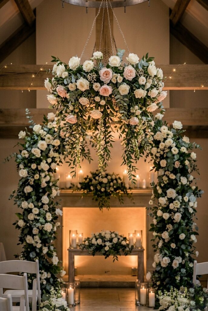 IMAGE 6 HERE Alt text: Close-up detail of a hanging floral chandelier suspended above the altar, featuring white roses, blush peonies, and green foliage cascading downward, with soft uplighting beneath Image prompt: Photorealistic image of an elegant hanging floral chandelier installation in warm romantic candlelit and uplighting atmosphere. The chandelier suspends approximately 4-5 feet above the altar, featuring white roses, blush garden roses, and soft greenery cascading downward like a floral mobile. Delicate chains or netting support the installation, barely visible. The foliage extends down 18-24 inches. Warm uplighting from below illuminates the cascading blooms and creates dramatic shadows on the backdrop. The image captures the luxury and drama of this focal point. Generate in vertical portrait orientation, 2:3 aspect ratio, optimized for mobile display.