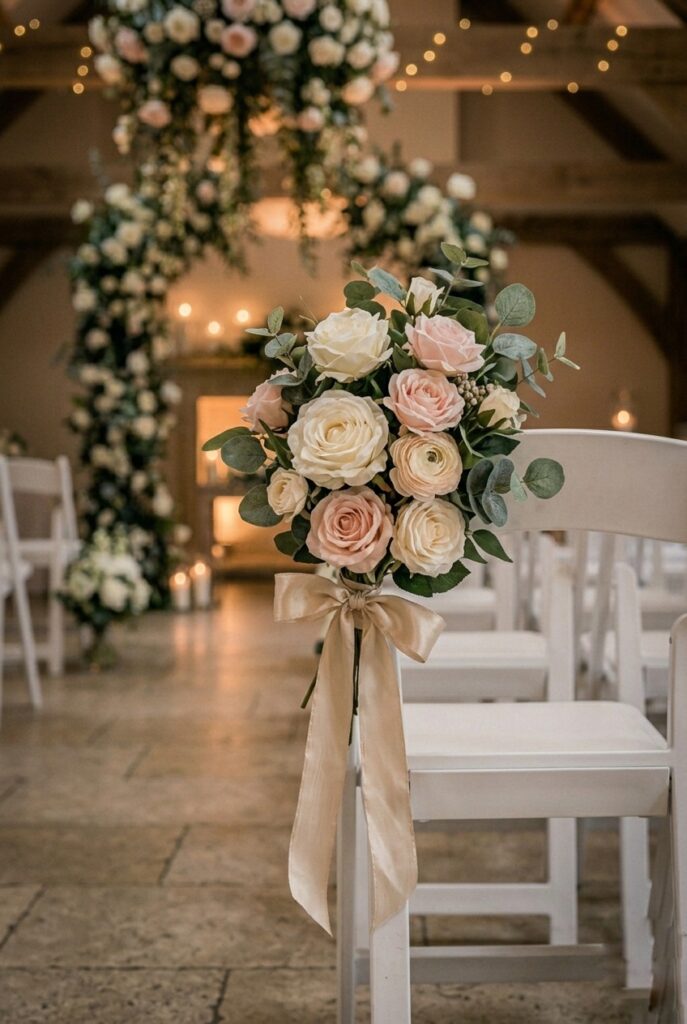 IMAGE 7 HERE Alt text: Detail close-up of a high-quality silk wedding pew flower arrangement featuring ivory and blush silk roses, ranunculus, and eucalyptus leaves, tied with a champagne satin ribbon Image prompt: Photorealistic image of a high-quality silk flower pew marker in warm romantic light. The arrangement features premium silk roses in ivory and blush pink, silk ranunculus, and realistic silk eucalyptus leaves. The blooms are tightly clustered with a champagne silk ribbon bow and trailing ribbon tails. The detail is sharp enough to show individual petals and leaf texture. The arrangement appears completely realistic and fresh, not plastic or artificial. Soft warm light illuminates the silk textures and creates depth. Generate in vertical portrait orientation, 2:3 aspect ratio, optimized for mobile display.