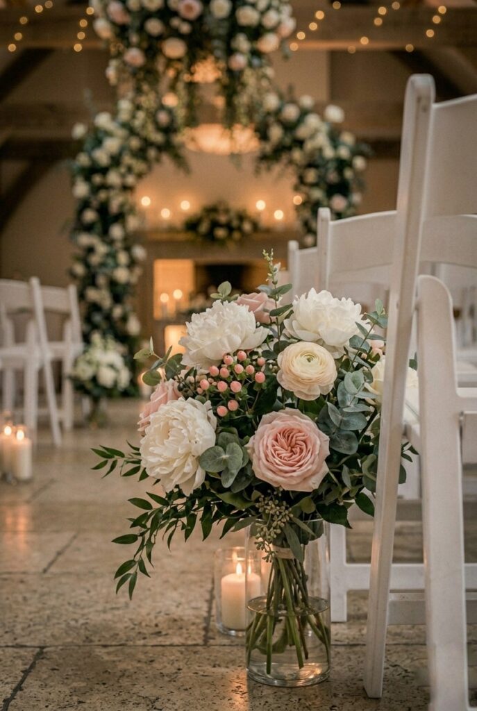 IMAGE 8 HERE Alt text: Lush close-up detail of white peonies, blush garden roses, and cream ranunculus mixed with eucalyptus and Italian ruscus in a clear glass vase Image prompt: Photorealistic image of a luxury wedding aisle flower arrangement in soft warm candlelit atmosphere. The arrangement in a clear glass vase features white peonies with full, layered petals, blush-pink garden roses, cream ranunculus, and delicate hypericum berries. Lush green eucalyptus stems and Italian ruscus provide texture and fullness around the blooms. The arrangement is approximately 18 inches tall. Soft candlelight illuminates each petal and creates depth throughout the composition. The image captures the luxury and texture of high-end floral design. Generate in vertical portrait orientation, 2:3 aspect ratio, optimized for mobile display.