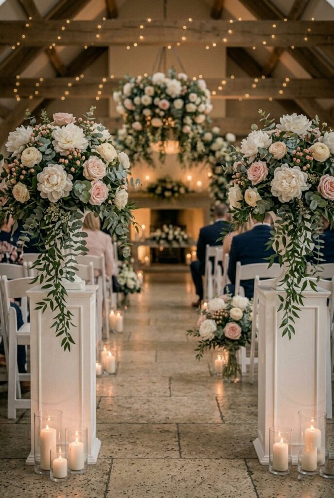 IMAGE 1 HERE Alt text: Close-up of an elaborate wedding aisle entrance with two tall white pedestal arrangements featuring white roses, garden roses, and cascading eucalyptus, positioned on either side of the aisle entry point with guests visible in soft focus behind Image prompt: Photorealistic image of elegant wedding ceremony aisle entrance in warm romantic candlelit atmosphere. Two tall white pedestal flower arrangements frame the aisle entry, each approximately 30 inches high. Arrangements feature lush white roses, blush garden roses, and cascading green eucalyptus stems. The pedestals are positioned prominently on the far left and right sides of the aisle entry. Guests in blurred focus sit in white folding chairs in the background. Soft candlelight illuminates the arrangement details and creates romantic depth. Photograph taken from inside the ceremony space looking at the entrance. Generate in vertical portrait orientation, 2:3 aspect ratio, optimized for mobile display.