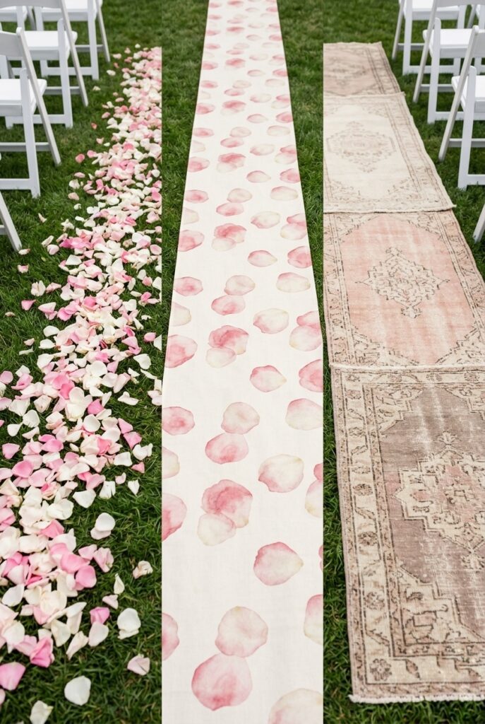 Wide overhead shot of three different aisle runner options: fresh rose petals scattered on grass, a printed linen runner with petal designs, and layered vintage rugs, each shown on a short section of aisle
Image prompt: Photorealistic image showing three distinct aisle runner approaches side-by-side for comparison, photographed from above in outdoor natural light. Left section: Fresh rose petals scattered across green grass, showing delicate pink and white petals. Center section: Cream linen runner with watercolor petal design printed on it, positioned on grass. Right section: Three layered vintage rugs in cream, blush, and taupe tones, layered end-to-end on grass. White folding chairs are visible blurred in the background on both sides. The image clearly shows the aesthetic and practical differences between each option. Generate in vertical portrait orientation, 2:3 aspect ratio, optimized for mobile display.
