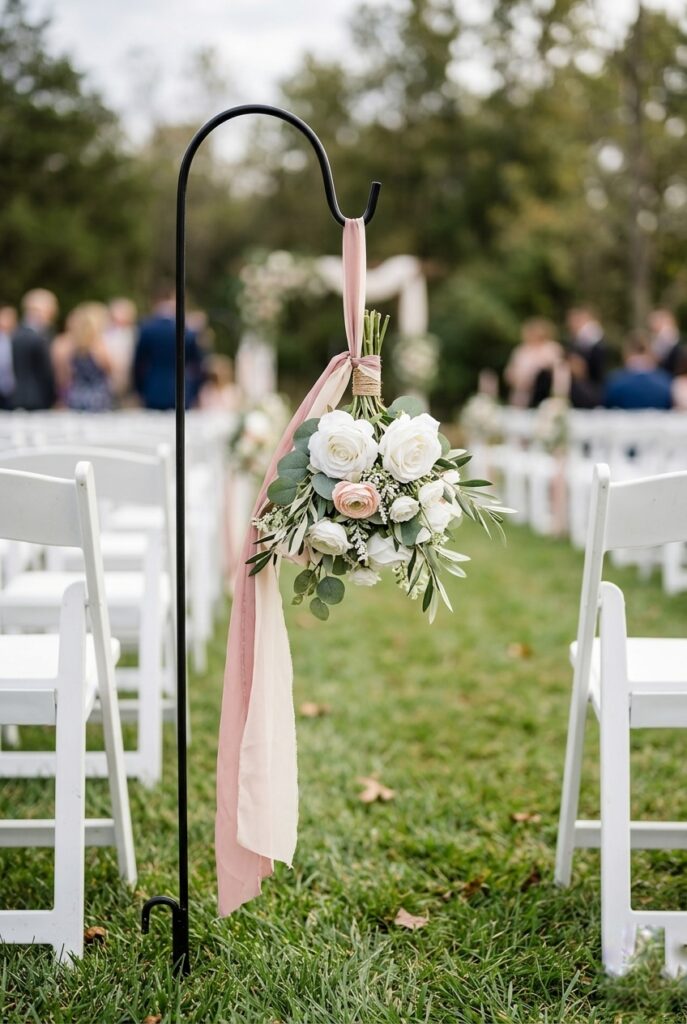 IMAGE 3 HERE Alt text: Photograph of a shepherd's hook placed on an aisle with a small silk hanging floral arrangement tied to it, showing white roses and eucalyptus, with chairs visible in soft focus behind Image prompt: Photorealistic image of a single shepherd's hook positioned along a wedding aisle in soft natural outdoor light. A delicate hanging floral arrangement (approximately 10 inches wide) is tied to the top of the hook, featuring white silk roses, blush ranunculus, and green eucalyptus. The arrangement has a trailing chiffon ribbon. White folding chairs are visible blurred in the background on both sides of the aisle. The shepherd's hook appears simple and elegant, easy to position and reuse. Generate in vertical portrait orientation, 2:3 aspect ratio, optimized for mobile display.