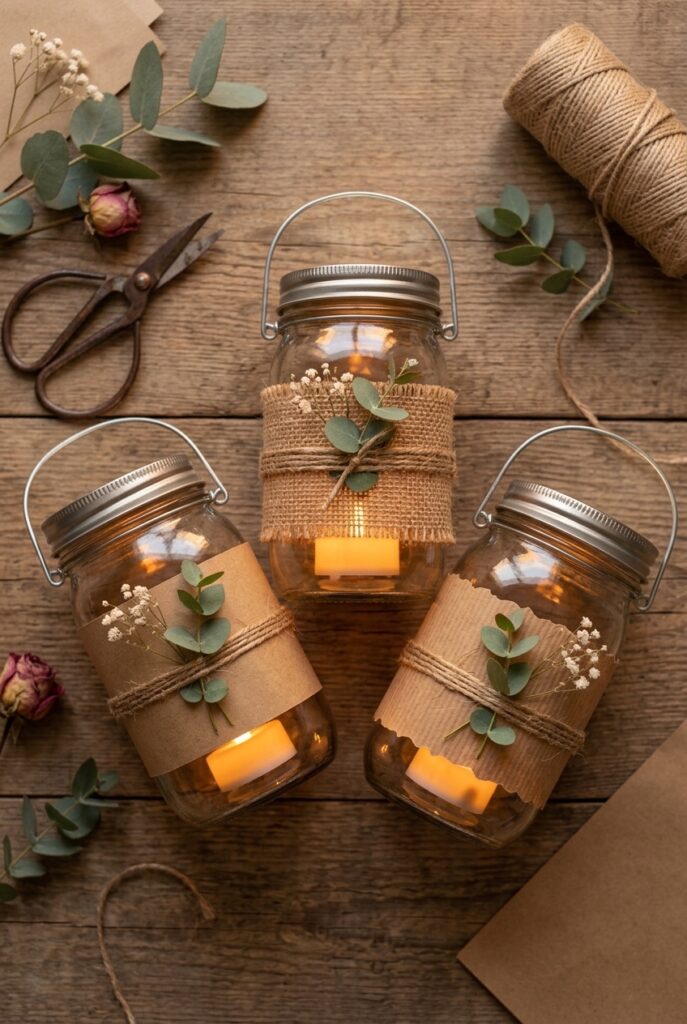IMAGE 4 HERE Alt text: Flat-lay of three assembled DIY mason jar lanterns with battery candles lit inside, wrapped with kraft paper, twine, and delicate eucalyptus sprigs tucked into the twine, photographed with soft evening light Image prompt: Photorealistic image of three completed DIY mason jar lanterns arranged on a flat surface in soft warm evening light. Each jar is wrapped with kraft paper or burlap, secured with twine, and has a lit battery candle visible inside. Small eucalyptus sprigs are tucked into the twine on each jar for a decorative touch. The battery candlelight glows warmly inside each jar. Craft scissors, additional twine, and wrapping paper are visible at the edges of the frame, showing the assembly process. The image captures the simplicity and effectiveness of this low-cost DIY project. Generate in vertical portrait orientation, 2:3 aspect ratio, optimized for mobile display.