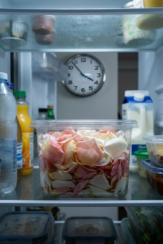 IMAGE 5 HERE Alt text: Close-up of fresh rose petals in a sealed clear container being stored in a refrigerator, showing the color vibrancy of the petals, with a clock showing 2 hours before ceremony visible in the background Image prompt: Photorealistic image of fresh rose petals in a clear sealed plastic container positioned on a refrigerator shelf in cool indoor light. The petals are a vibrant mix of blush, cream, and white, showing their fresh texture and color. The refrigerator interior is visible with other items on shelves. A clock on the wall in the blurred background shows mid-afternoon timing. The image emphasizes proper storage and the timeline sensitivity of fresh petal preparation. Generate in vertical portrait orientation, 2:3 aspect ratio, optimized for mobile display.