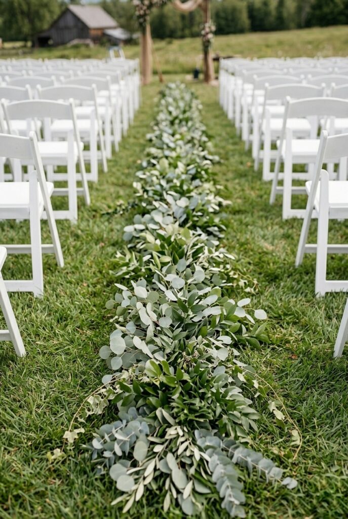 IMAGE 7 HERE Alt text: Overhead wide view of a long lush greenery garland with eucalyptus, ruscus, and Italian ruscus in varying shades of green, laid down the center of an aisle with white folding chairs on both sides Image prompt: Photorealistic image of a lush 20-foot greenery garland laid down the center of a wedding aisle, photographed from above in natural outdoor light. The garland is dense with multiple shades of green: eucalyptus stems, ruscus, Italian ruscus, and trailing ivy creating layers and texture. White folding chairs are positioned on both sides of the aisle in soft focus. The garland appears fresh, vibrant, and professionally assembled. The perspective shows the full length of this aisle treatment and its impact. Generate in vertical portrait orientation, 2:3 aspect ratio, optimized for mobile display.