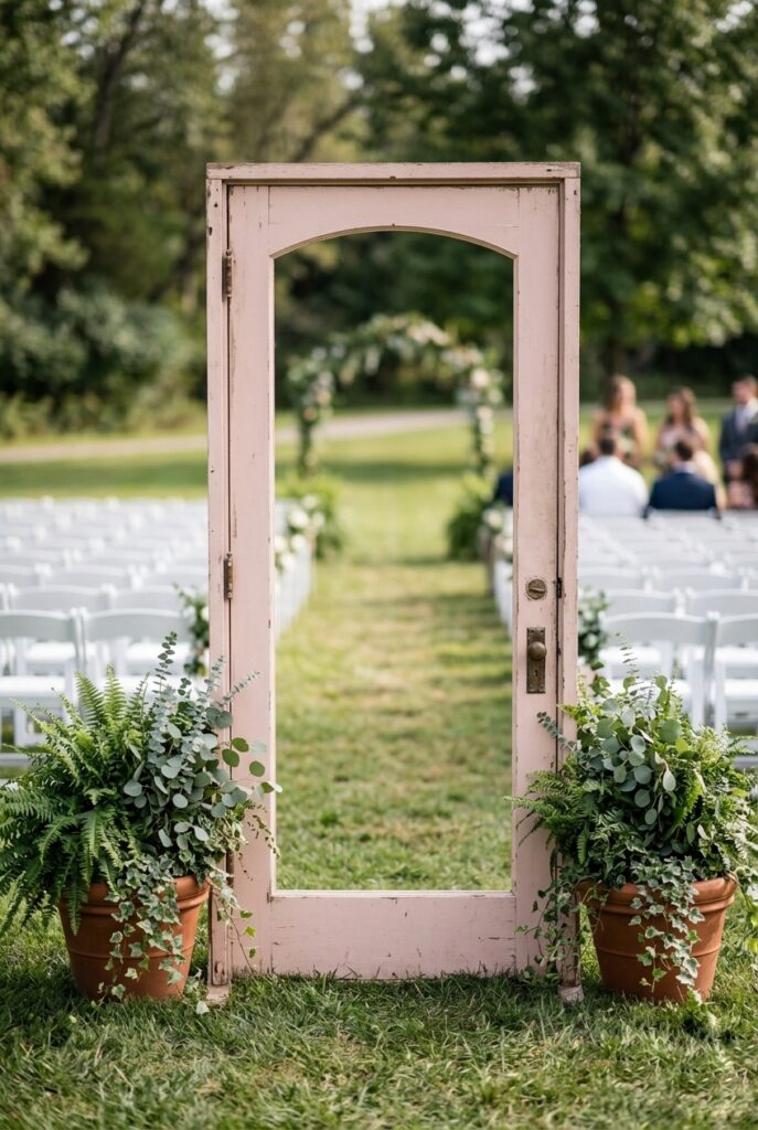 IMAGE 8 HERE Alt text: A vintage wooden door frame positioned at the entrance of a wedding aisle, painted pale blush, flanked by large potted greenery plants, creating a portal-like entrance moment Image prompt: Photorealistic image of a single vintage wooden door frame positioned at the entrance of a wedding ceremony aisle in natural outdoor light. The door is painted a soft blush or cream color and stands approximately 6–7 feet tall. Large potted greenery plants (ferns or eucalyptus) are positioned on either side of the door frame, flanking the entrance. White folding chairs are visible blurred behind the door. The door creates a focal point and sense of entrance without full aisle decoration. The image shows the bold, intentional aesthetic of this approach. Generate in vertical portrait orientation, 2:3 aspect ratio, optimized for mobile display.