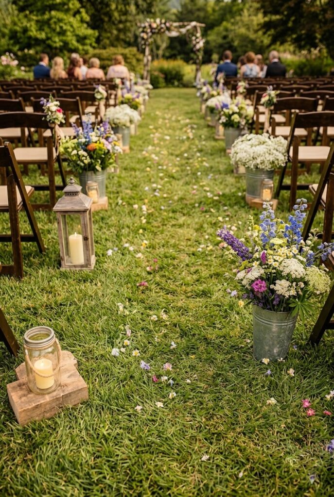 IMAGE 1 HERE Alt text: Overhead view of an aisle with staggered rustic markers on alternating sides—a mason jar lantern on the left, then a gap, then a galvanized bucket on the right, then another gap, showing the intentional uneven spacing that creates rhythm Image prompt: Photorealistic image taken from above of a rustic wedding aisle showing staggered marker placement. On the left side, a mason jar lantern with warm candlelight. Then moving down the aisle, empty grass space. On the right side, a galvanized metal bucket overflowing with wildflowers and greenery. Then more grass space. Another marker on the left (wooden lantern), then empty space, then a marker on the right. The pattern demonstrates intentional imperfection—not evenly spaced, not matched in pairs. Grass or light gravel visible between markers. Natural daylight illuminates the scene. The overhead perspective shows the full rhythmic pattern down the aisle. Generate in vertical portrait orientation, 2:3 aspect ratio, optimized for mobile display.