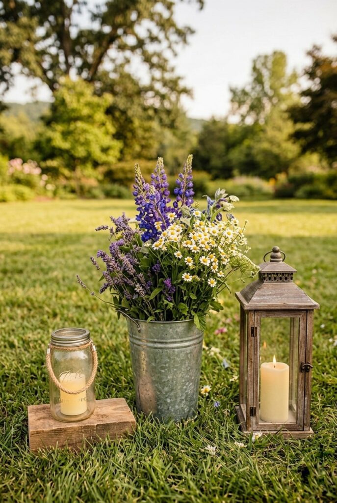 IMAGE 2 HERE Alt text: Close-up detail comparison of three different rustic aisle marker materials side-by-side: a mason jar with battery candle, a galvanized bucket filled with wildflowers, and a vintage metal-frame lantern, showing how each reads differently Image prompt: Photorealistic image showing three rustic aisle marker materials arranged side-by-side in warm natural light. On the left: a vintage mason jar (slightly cloudy glass, mismatched size) with a battery candle glowing inside. Center: a galvanized metal bucket with visible patina, overflowing with wildflowers, lavender, and greenery creating a full, lush look. On the right: an antique wooden-frame lantern with glass panels and a lit candle inside, showing warm candlelight. The three elements show different textures, scales, and visual weights. The image demonstrates why mixing materials creates a more sophisticated rustic aesthetic than using only one. Generate in vertical portrait orientation, 2:3 aspect ratio, optimized for mobile display.