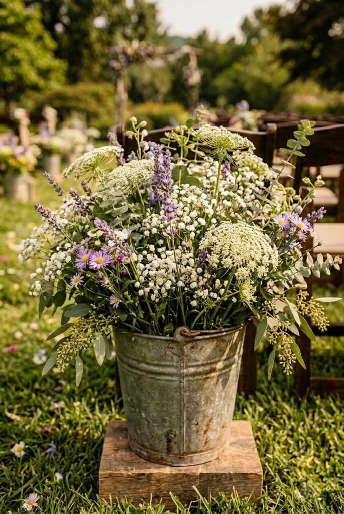 IMAGE 3 HERE Alt text: Lush close-up of wildflowers and herbs arranged in a galvanized bucket, showing a mix of lavender, baby's breath, Queen Anne's lace, eucalyptus, and garden greenery creating a full, organic bouquet Image prompt: Photorealistic image of a rustic wildflower arrangement in a galvanized metal bucket in warm natural sunlight. The arrangement is noticeably full and lush, featuring: lavender stems in soft purple, white baby's breath filling gaps, Queen Anne's lace with delicate white blooms, trailing eucalyptus and seeded eucalyptus in various shades of green, some greenery-only stems for texture, and what appears to be wildflower sprigs. The arrangement is slightly asymmetrical—fuller on one side, lighter on the other—creating movement. Stems are visible (not all hidden), adding to the just-picked, garden-style aesthetic. The bucket itself shows age and patina. The image captures the fullness and mixed-texture approach that makes rustic arrangements read expensive. Generate in vertical portrait orientation, 2:3 aspect ratio, optimized for mobile display.