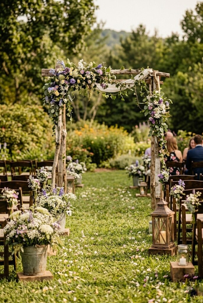 IMAGE 4 HERE Alt text: Wooden wedding arch at the end of a rustic aisle, framed with wildflower garland and greenery, with staggered markers leading toward it down a grass aisle Image prompt: Photorealistic image of a rustic wooden ceremony setup in warm natural light. At the far end of the aisle stands a simple wooden arch made of natural branches or reclaimed wood, approximately 8 feet tall. The arch is adorned with a loose garland of greenery (eucalyptus, trailing vines) and wildflower clusters in soft colors (white, blush, purple). The wooden structure is slightly imperfect—branches aren't perfectly aligned—adding to the rustic feel. Leading toward the arch down a grass or light gravel aisle are the staggered markers (mason jars, buckets, lanterns) visible in soft focus in the foreground. The perspective is from the bride's position looking toward the focal point. Natural daylight illuminates the wooden texture and the flowers. Generate in vertical portrait orientation, 2:3 aspect ratio, optimized for mobile display.