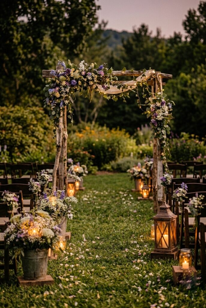IMAGE 5 HERE Alt text: Evening photograph of a rustic aisle at dusk with warm candlelight glowing inside mason jars and lanterns along both sides, creating a soft amber pathway Image prompt: Photorealistic image of a rustic wedding aisle photographed in the golden hour or early evening, with warm candlelight as the primary light source. Mason jar lanterns, galvanized buckets, and vintage lanterns are illuminated from within by warm amber battery candles, creating a soft glowing pathway down the aisle. The candlelight is warm and inviting, not harsh. Wildflowers are visible but subtly lit by the glow. The wooden arch at the end is softly illuminated by the candle light. The overall atmosphere is romantic and intimate. The image is taken from the bride's perspective looking down the aisle toward the focal point, showing how the candlelight guides the eye. Generate in vertical portrait orientation, 2:3 aspect ratio, optimized for mobile display.