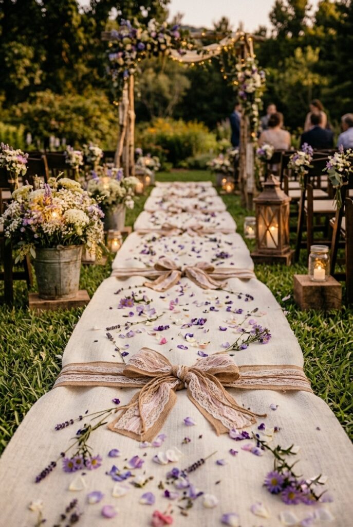 IMAGE 6 HERE Alt text: Burlap aisle runner tied with twine and lace, laid down an outdoor grass aisle, showing intentional styling with wildflower petals scattered on top Image prompt: Photorealistic image of a rustic aisle runner in warm natural light. A cream or natural burlap runner is laid down the center of a grass aisle, secured with stakes or pins. The burlap is tied at intervals with twine and lace (blush or cream lace), creating visual anchor points down the length. Wildflower petals and loose lavender stems are scattered across the burlap, adding color and movement. The burlap appears crisp and well-maintained (not wrinkled or dirty). Staggered rustic markers (mason jars, lanterns, buckets) are visible on either side of the runner, slightly out of focus. The perspective shows the full length of the runner leading toward a wooden focal point. Generate in vertical portrait orientation, 2:3 aspect ratio, optimized for mobile display.
