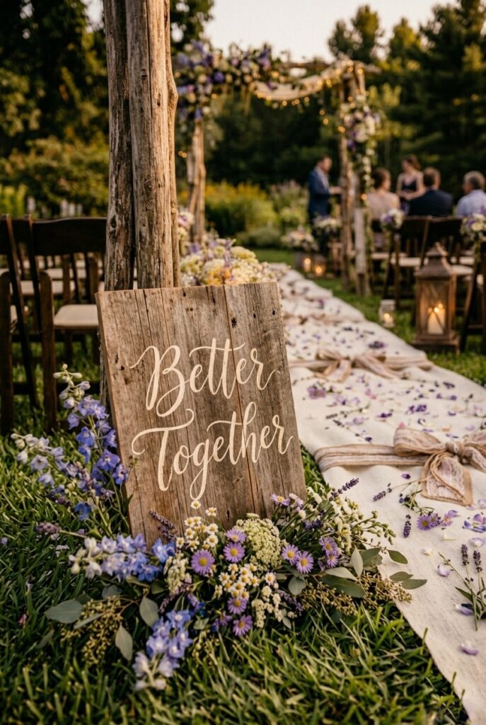 IMAGE 7 HERE Alt text: Hand-painted wooden sign leaning at the start of an aisle, displaying "Better Together" in elegant calligraphy with wildflowers tucked around the base Image prompt: Photorealistic image of a rustic wedding sign in natural light. A wooden sign (approximately 18x24 inches) with weathered or natural finish stands at the entrance of the aisle, leaning slightly against the wooden arch or a stand. The sign displays hand-painted or calligraphy text reading "Better Together" or a similar love quote in elegant script (not printed). The lettering is clearly hand-done, not digital. Fresh wildflowers and eucalyptus sprigs are arranged around the base of the sign, and the overall presentation feels curated but natural. The sign material and lettering style clearly communicate "handmade" and "intentional," not "printed on a printer." Warm natural light illuminates the sign. Generate in vertical portrait orientation, 2:3 aspect ratio, optimized for mobile display.