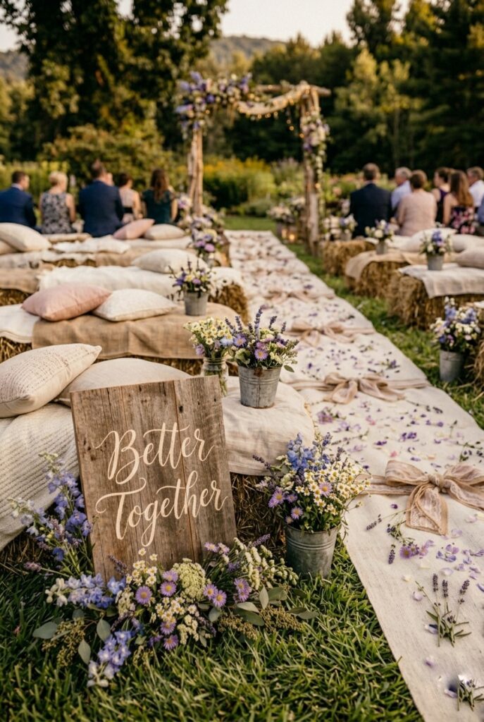 IMAGE 8 HERE Alt text: Rustic hay bale seating arrangement with cream blankets and burlap runners, flanking both sides of an aisle, with wildflower arrangements on top Image prompt: Photorealistic image of hay bales styled as rustic aisle seating. Large hay bales are stacked and arranged on both sides of an aisle, covered with cream or burlap blankets and linen runners so guests aren't sitting directly on hay. Pillows in cream, blush, or natural linen are arranged on top for comfort. Wildflower arrangements in galvanized buckets or mason jars sit on top of some bales, creating visual interest. The overall aesthetic is farmhouse-rustic and intentional—not bare hay, but styled and softened. Natural daylight illuminates the scene. The arrangement shows how hay bales can feel sophisticated when properly covered and decorated. Generate in vertical portrait orientation, 2:3 aspect ratio, optimized for mobile display.