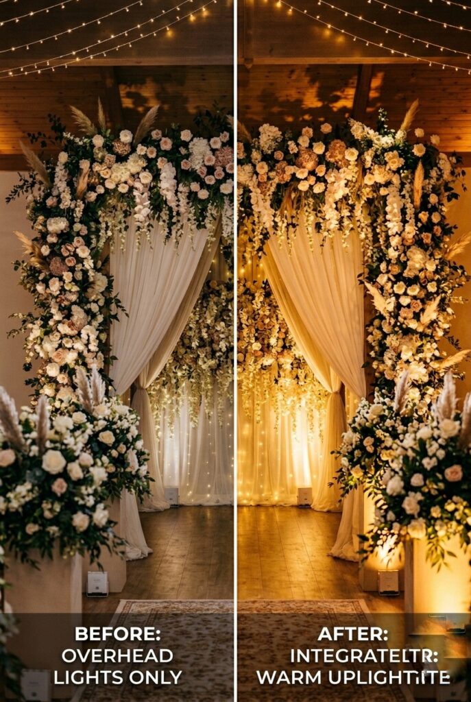 Large ornate altar floral arrangements on pedestals, repositioned at the reception entrance, flanking the doorway where guests enter to welcome them
Image prompt: Photorealistic image of two large altar-scale floral arrangements on matching pedestals positioned on either side of a reception entrance doorway. The arrangements are approximately 3–4 feet tall, featuring roses, hydrangeas, greenery, and lush blooms in soft wedding colors (blush, ivory, sage, white). The pedestals are elegant and match—marble, wood, or metal in a cohesive style. The arrangement creates a formal, luxe entrance. Warm lighting illuminates the flowers. The doorway shows the reception space beyond, slightly out of focus. The image conveys grandeur and welcome. Generate in vertical portrait orientation, 2:3 aspect ratio, optimized for mobile display.