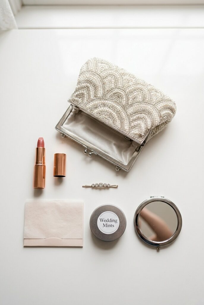 IMAGE 1 HERE Alt text: A small beaded or metallic bridal clutch purse in silver or blush, displayed open on a white surface with essential items neatly arranged next to it - lipstick, bobby pins, blotting papers, and mints visible Image prompt: A beautiful small beaded bridal clutch purse in silver or blush metallic fabric, positioned open on a white surface. Next to it are neatly arranged essential wedding day items: a rose gold lipstick, a few bobby pins, a sheet of blotting papers, a small tin of mints, and a compact mirror. Soft natural window light creating soft shadows. Clean, minimalist styling. Generate in vertical portrait orientation, 2:3 aspect ratio, optimized for mobile display.