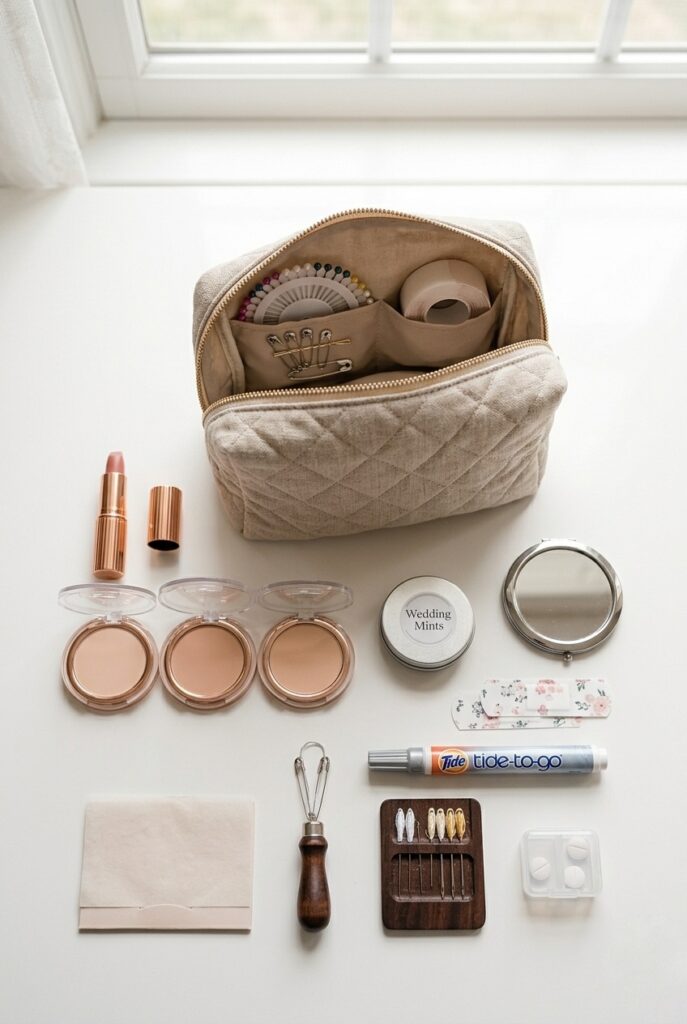 IMAGE 2 HERE Alt text: A flat-lay photograph of a maid of honor's emergency kit arranged on a white surface: a small structured pouch or cosmetic bag open with organized compartments, showing makeup, bobby pins, safety pins, fashion tape, stain remover, and first aid items Image prompt: A flat-lay styled photo showing a small structured cosmetic or emergency kit bag in neutral color (canvas, linen, or quilted fabric) open and organized with compartments. Inside and around it: makeup items in a bride's shade, bobby pins in a holder, safety pins, fashion tape roll, stain remover pen, small sewing kit, blotting papers, pain reliever, and band-aids. Everything neatly organized and visible. Soft natural window light. Clean, organized aesthetic. Generate in vertical portrait orientation, 2:3 aspect ratio, optimized for mobile display.