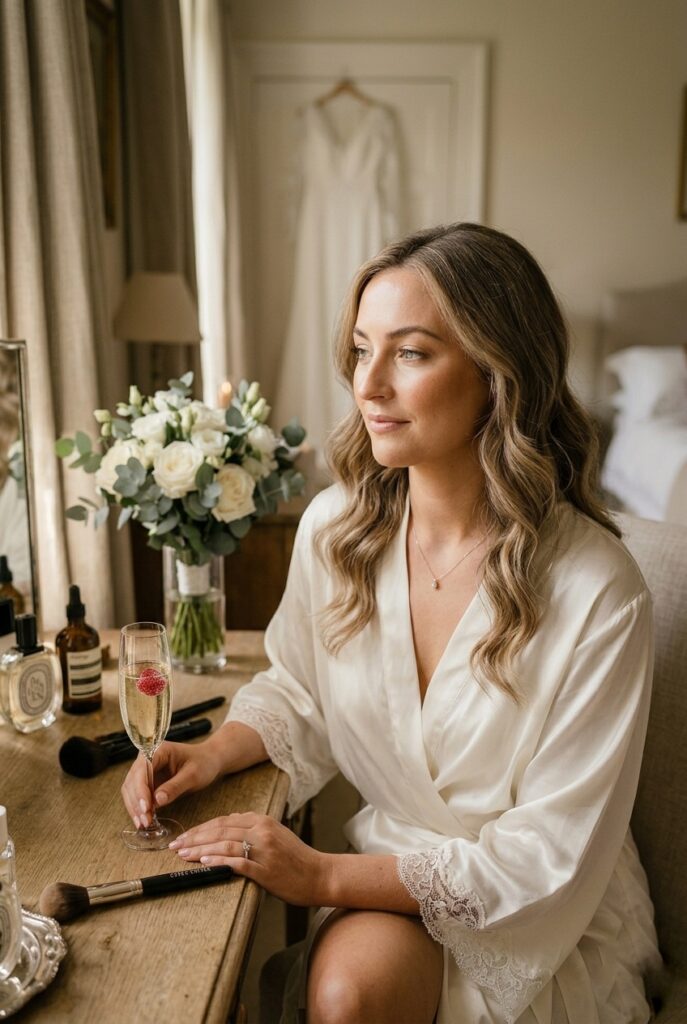 IMAGE 1 HERE Alt text: Close-up of bride with defined cheekbones and side-swept hair, showing how styling frames a round face Image prompt: A bride with a round face shape, shown in close-up. Her hair is side-swept in soft waves, and her makeup features defined cheekbones with warm bronze blush and contour. Her brows are slightly angled, and her makeup is glowing under soft, warm candlelit atmosphere. The styling visually elongates and flatters her round face proportions. Generate in vertical portrait orientation, 2:3 aspect ratio, optimized for mobile display.