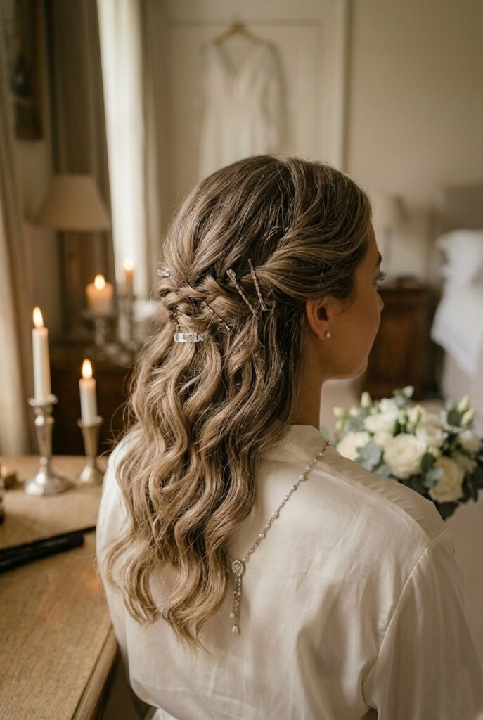 IMAGE 4 HERE Alt text: Bride with her updo released into soft waves, showing the transformation from ceremony to reception hairstyle Image prompt: A bride with her formal ceremony updo gently taken down into soft, romantic waves for the reception. Her hair flows loosely over her shoulders, still maintaining the styled, intentional look. She's shown in three-quarter profile with warm candlelit atmosphere illuminating her waves. The styling shows the elegance of a downdo versus the formality of an updo. Generate in vertical portrait orientation, 2:3 aspect ratio, optimized for mobile display.