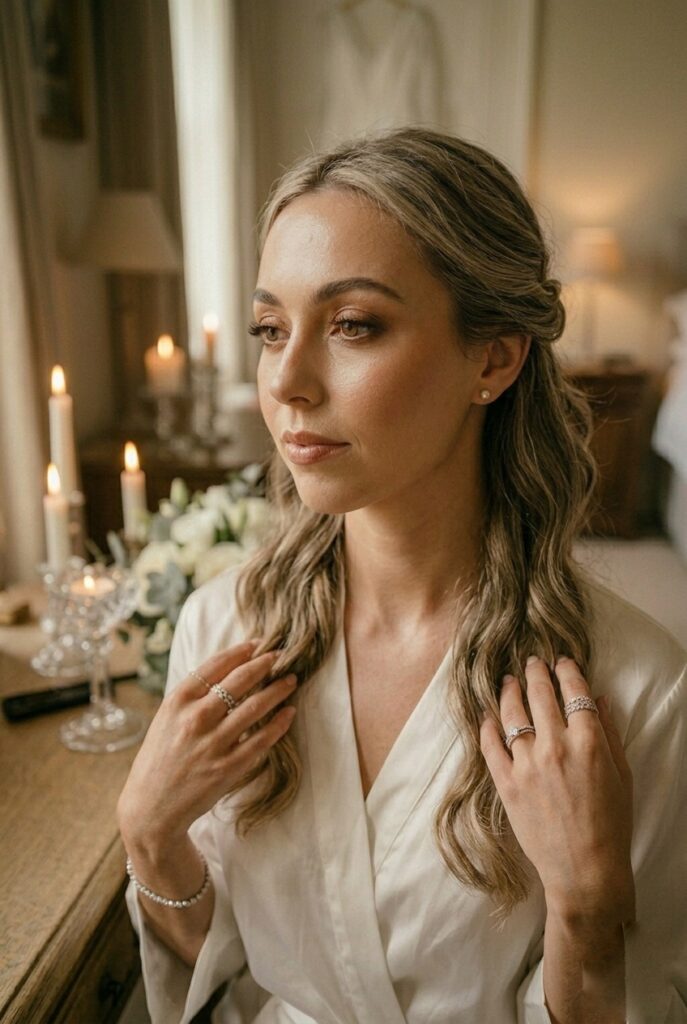 IMAGE 1 HERE Alt text: Close-up of bride with defined cheekbones and side-swept hair, showing how styling frames a round face Image prompt: A bride with a round face shape, shown in close-up. Her hair is side-swept in soft waves, and her makeup features defined cheekbones with warm bronze blush and contour. Her brows are slightly angled, and her makeup is glowing under soft, warm candlelit atmosphere. The styling visually elongates and flatters her round face proportions. Generate in vertical portrait orientation, 2:3 aspect ratio, optimized for mobile display.