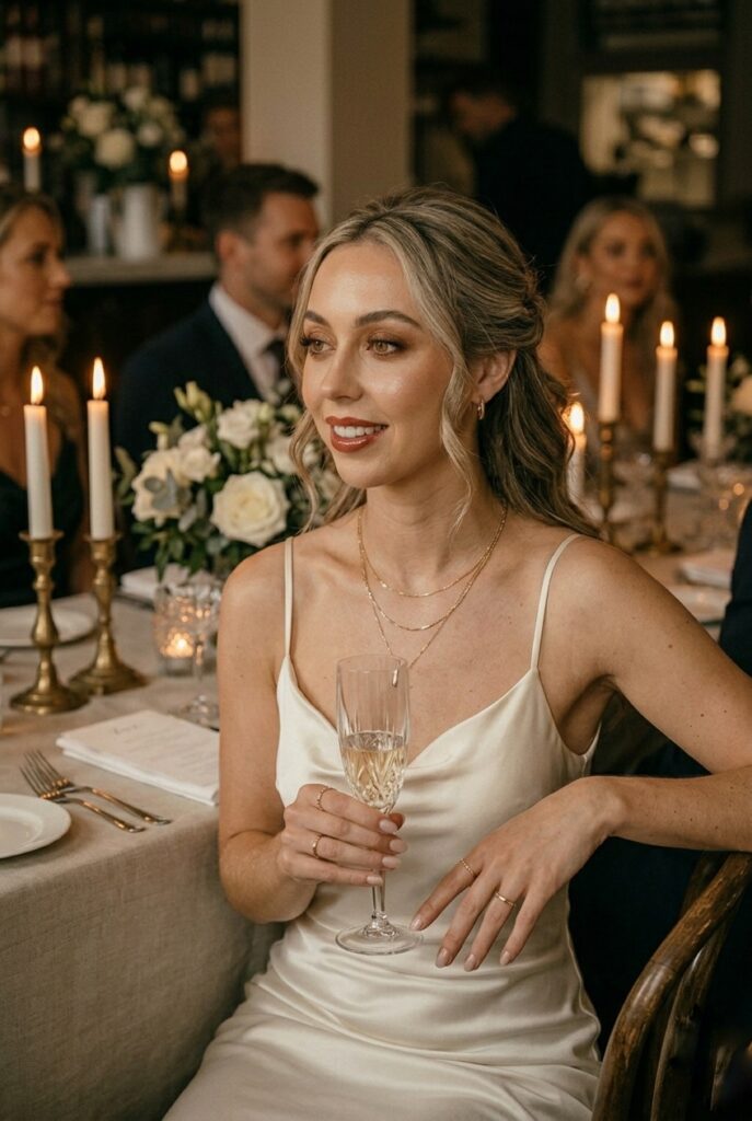 IMAGE 5 HERE Alt text: Bride in ivory satin slip dress at rehearsal dinner, with bold lip color and different hairstyle than wedding day Image prompt: A bride wearing an elegant ivory satin slip dress at her rehearsal dinner. She has glossy bold lips in a warm red-nude shade, her hair styled in a chic half-up style different from her wedding day look, and delicate gold jewelry. She's photographed in warm candlelit atmosphere at an upscale restaurant setting. Generate in vertical portrait orientation, 2:3 aspect ratio, optimized for mobile display.
