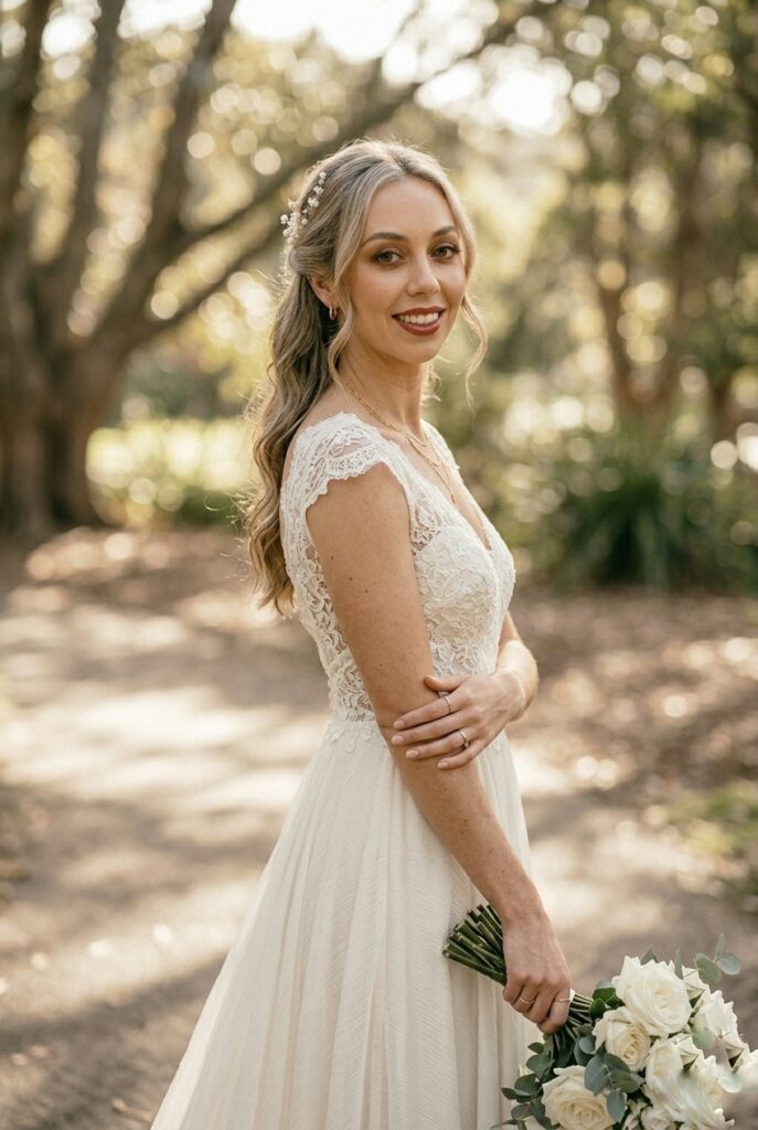IMAGE 6 HERE Alt text: Bride in engagement photo session, showing how her bridal look photographs in outdoor natural light with her dress Image prompt: A bride in her wedding dress during an engagement photo session, photographed outdoors in soft natural light. She's turned slightly toward the camera, showing her completed bridal look with styled hair, makeup, and accessories. Soft window-like natural light illuminates her face and dress. The photo shows the full bridal aesthetic in a real photography setting. Generate in vertical portrait orientation, 2:3 aspect ratio, optimized for mobile display.