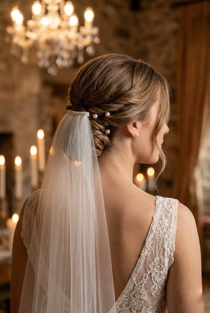 IMAGE 1 HERE Alt text: Bride with low twisted chignon secured with pearl pins, veil attached just above the bun, soft candlelit light Image prompt: Photorealistic portrait of a bride from the back and slightly to the side, showing a low twisted chignon at the nape of the neck with three pearl-tipped pins visible, a cathedral-length veil attached cleanly just above the bun, soft warm candlelit atmosphere from a chandelier in the background, creamy white lace dress visible at the shoulders, ultra-detailed hair texture. Generate in vertical portrait orientation, 2:3 aspect ratio, optimized for mobile display.