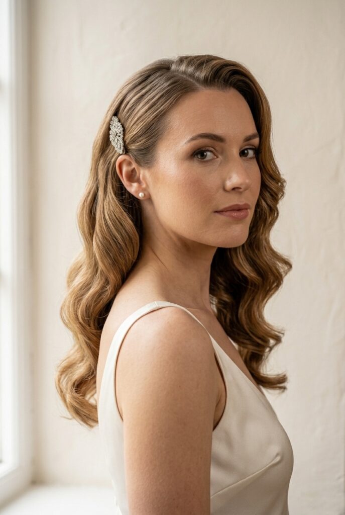 IMAGE 2 HERE Alt text: Bride with glossy Hollywood waves swept to one side, wearing a simple satin slip dress, soft window light Image prompt: Photorealistic portrait of a bride with classic Hollywood waves, glossy and structured, swept to her left side, wearing a minimal ivory satin slip dress, a small vintage rhinestone clip just above the ear, soft diffused natural window light from the left, neutral cream background, detailed wave texture visible. Generate in vertical portrait orientation, 2:3 aspect ratio, optimized for mobile display.