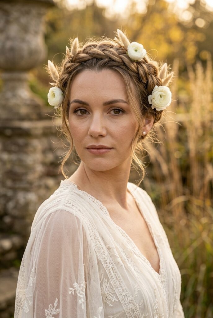 IMAGE 3 HERE Alt text: Bride with a milkmaid braided crown woven with small dried pampas and white ranunculus flowers, rustic outdoor light Image prompt: Photorealistic portrait of a bride with a milkmaid braided crown encircling the top of her head, small dried pampas grass and three small white ranunculus flowers woven into the braid at irregular intervals, wearing a flowing boho-style ivory gown, soft warm outdoor golden-hour light, loose wispy tendrils at the temples, detailed braid texture. Generate in vertical portrait orientation, 2:3 aspect ratio, optimized for mobile display.