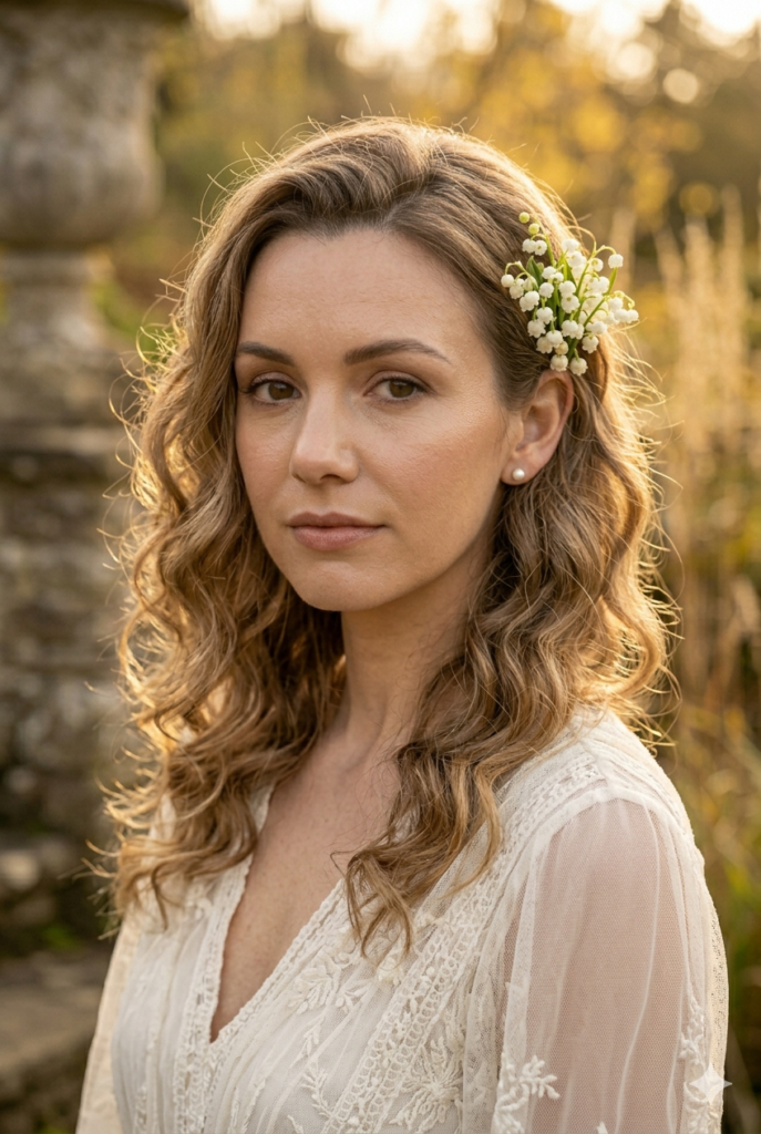 IMAGE 4 HERE Alt text: Bride with loose romantic curls flowing past shoulders, white lily of the valley hair pin on the right side, soft backlit light Image prompt: Photorealistic portrait of a bride with soft, loose romantic curls falling past her shoulders in a natural cascade, a small cluster of white lily of the valley pinned just above the right ear, wearing a lace-bodice gown, soft warm backlit light creating a gentle halo effect, ultra-detailed curl texture, skin natural and dewy. Generate in vertical portrait orientation, 2:3 aspect ratio, optimized for mobile display.