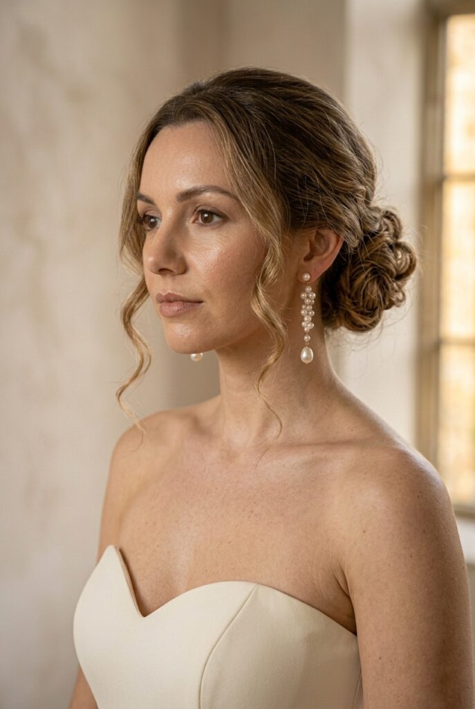 IMAGE 5 HERE Alt text: Bride with a soft textured low bun at the nape and two loose face-framing tendrils pulled forward, wearing pearl drop earrings, warm indoor light Image prompt: Photorealistic portrait of a bride facing slightly to the left, showing a textured, slightly undone low bun at the nape of her neck with visible hair texture and small wispy sections, two loose curled face-framing tendrils pulled forward at the temples, long pearl drop earrings, wearing a simple crepe strapless gown, warm ambient indoor light, clean neutral background. Generate in vertical portrait orientation, 2:3 aspect ratio, optimized for mobile display.
