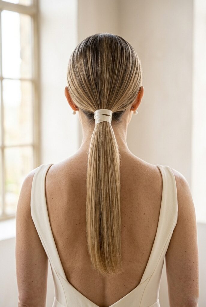 IMAGE 6 HERE Alt text: Bride with an ultra-sleek low ponytail wrapped in a thin satin ribbon, showing the clean geometric line from the back, bright morning light Image prompt: Photorealistic portrait of a bride seen from behind, showing an ultra-sleek low ponytail at the nape of the neck with a thin ivory satin ribbon wrapped twice around the base, the ponytail falling in a straight, polished line past her shoulder blades, a simple open-back fitted ivory gown with structured seams, soft bright morning window light, clean and editorial feel. Generate in vertical portrait orientation, 2:3 aspect ratio, optimized for mobile display. IMAGE 6 HERE Alt text: Bride with an ultra-sleek low ponytail wrapped in a thin satin ribbon, showing the clean geometric line from the back, bright morning light Image prompt: Photorealistic portrait of a bride seen from behind, showing an ultra-sleek low ponytail at the nape of the neck with a thin ivory satin ribbon wrapped twice around the base, the ponytail falling in a straight, polished line past her shoulder blades, a simple open-back fitted ivory gown with structured seams, soft bright morning window light, clean and editorial feel. Generate in vertical portrait orientation, 2:3 aspect ratio, optimized for mobile display.