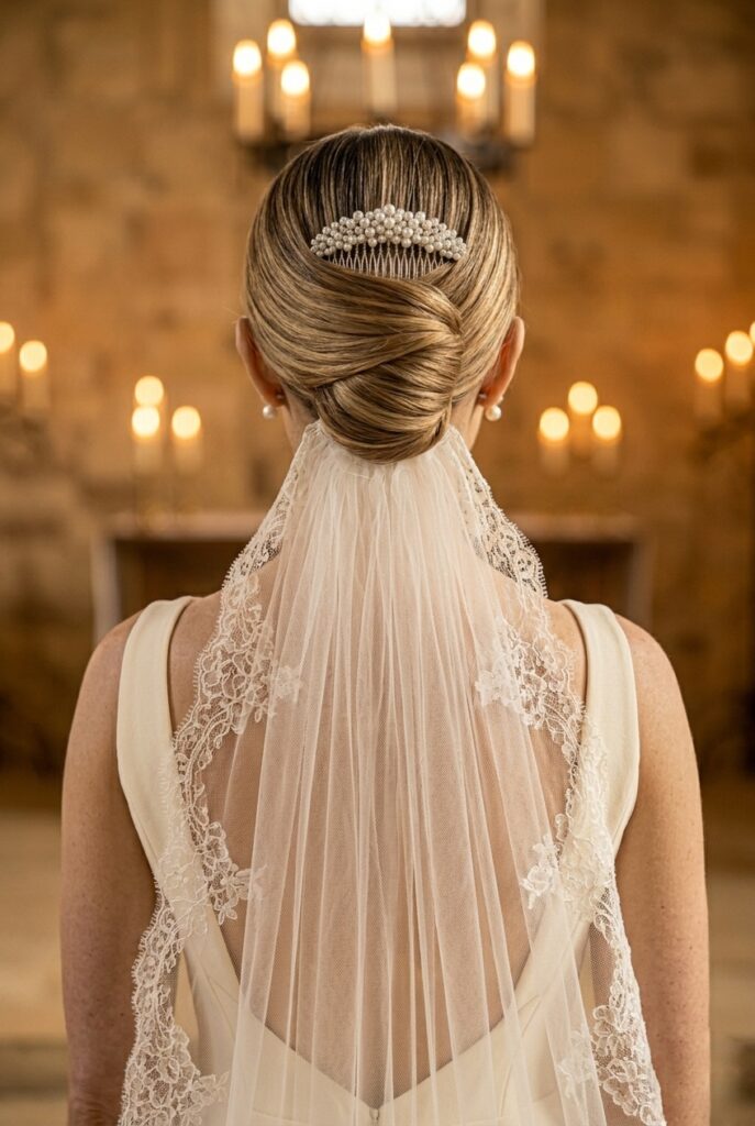 IMAGE 7 HERE Alt text: Bride's hair styled in a classic French twist with a cathedral veil attached at the crown using a comb, warm candlelit church light Image prompt: Photorealistic portrait of a bride with a structured French twist secured neatly up the back of the head, a cathedral-length lace-edged veil attached at the crown with a decorative comb, wearing a ballgown with a fitted bodice, warm golden candlelit church light from above, ultra-detailed texture of the twist and veil visible, no text overlays. Generate in vertical portrait orientation, 2:3 aspect ratio, optimized for mobile display.