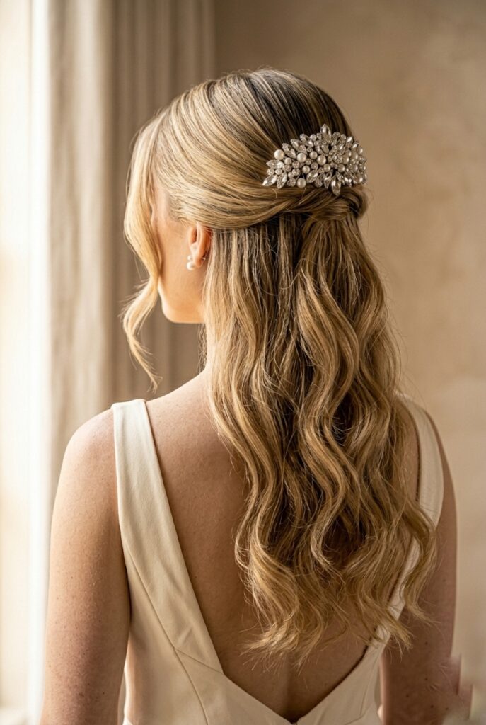 IMAGE 8 HERE Alt text: Bride with a half-up style gathered and secured with a crystal and pearl bridal comb, soft loose waves falling below Image prompt: Photorealistic portrait of a bride with her top half of hair gathered back and secured with a large decorative crystal and pearl bridal comb, soft loose waves falling past her collarbone below, wearing a low V-neck silk charmeuse gown, soft warm diffused natural light from the left, ultra-detailed texture of the waves and the sparkle of the crystal comb, clean neutral background. Generate in vertical portrait orientation, 2:3 aspect ratio, optimized for mobile display.