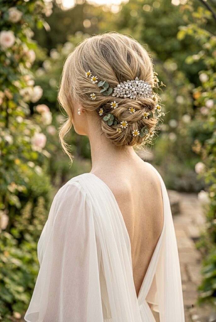 IMAGE 9 HERE Alt text: Bride with a soft upswept style adorned with small dried white chamomile flowers and eucalyptus sprigs in a romantic garden setting Image prompt: Photorealistic portrait of a bride with a romantic loosely upswept hairstyle pinned with dried white chamomile flowers and small sprigs of eucalyptus arranged naturally throughout the hair, wearing a flowing chiffon gown, soft warm outdoor natural light with a slightly blurred garden background of greenery, ultra-detailed hair and floral texture visible. Generate in vertical portrait orientation, 2:3 aspect ratio, optimized for mobile display.