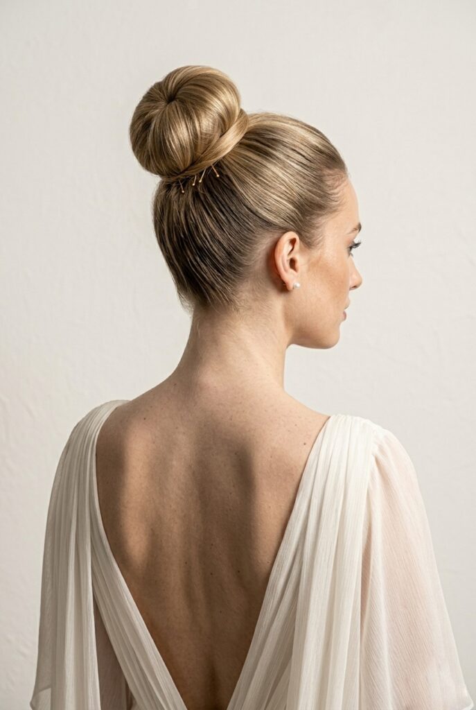 IMAGE 10 HERE Alt text: Bride with a polished sleek high bun centered on the crown, minimal gold hair pins, wearing a structured off-shoulder gown, stark studio light Image prompt: Photorealistic portrait of a bride with a perfectly sleek, high-centered bun at the crown of the head, smooth and polished with no flyaways, three minimal thin gold hair pins placed at the base of the bun, wearing a structured ivory off-shoulder gown, clean bright studio-quality light from above and front, sculptural and editorial feel, detailed hair texture. Generate in vertical portrait orientation, 2:3 aspect ratio, optimized for mobile display.