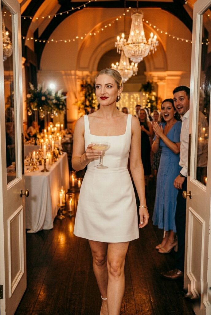 IMAGE 5 HERE Alt text: Bride in a structured white crepe mini dress with a square neckline making a grand entrance to the reception, guests reacting, warm low-lit venue Image prompt: Photorealistic portrait of a bride making an entrance through double doors into a warmly lit reception hall, wearing a structured white crepe mini dress with a clean square neckline and a fitted A-line skirt, guests visible in the background with reactions of surprise and delight, warm amber and gold reception lighting from chandeliers above, hair in a quick-refreshed style, dramatic and cinematic angle, ultra-detailed fabric texture, no text overlays. Generate in vertical portrait orientation, 2:3 aspect ratio, optimized for mobile display.