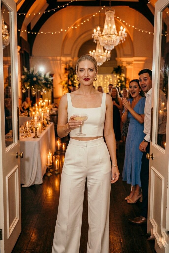 IMAGE 6 HERE Alt text: Bride in a tailored ivory satin crop top and high-waisted wide-leg trouser set, simple gold hoops, sleek center-part hair, bright reception light Image prompt: Photorealistic portrait of a bride wearing a tailored ivory satin bridal two-piece set — a structured crop top with a wide square neckline and high-waisted wide-leg trousers with a clean front crease — simple gold hoop earrings, hair in a sleek center-part low style, standing in a bright modern reception venue, confident and fashion-forward expression, ultra-detailed satin fabric texture, no text overlays. Generate in vertical portrait orientation, 2:3 aspect ratio, optimized for mobile display.