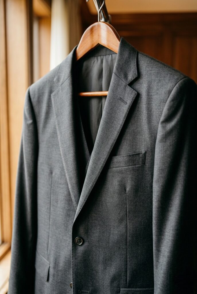 Close-up of a groom's charcoal suit jacket on a wooden hanger, freshly steamed with no visible wrinkles, soft warm window light Image prompt: Photorealistic close-up portrait of a charcoal grey men's suit jacket hanging on a polished wooden hanger in a warmly lit room, fabric visibly smooth and wrinkle-free with natural texture intact, soft warm window light from the side creating gentle shadows in the fabric weave, ultra-detailed wool texture, no people, no text overlays. Generate in vertical portrait orientation, 2:3 aspect ratio, optimized for mobile display.