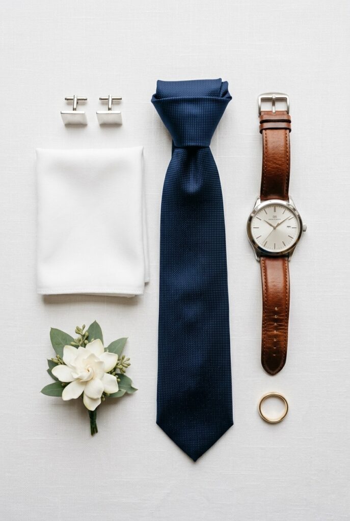 Groom's wedding accessories laid flat on a white linen surface — cufflinks, pocket square, tie, watch, boutonniere, and wedding band, soft natural light Image prompt: Photorealistic flat-lay portrait of a groom's wedding day accessories arranged neatly on a crisp white linen surface — a pair of silver cufflinks, a folded white pocket square, a silk navy tie, a classic dress watch with a leather strap, a small white gardenia boutonniere, and a plain gold wedding band — soft even natural daylight from above, no shadows, ultra-detailed texture of each item, no text overlays. Generate in vertical portrait orientation, 2:3 aspect ratio, optimized for mobile display.