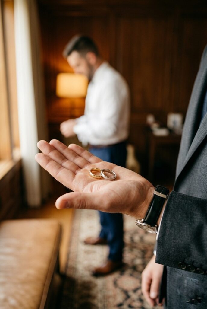 Best man holding two wedding bands in the palm of his hand in a warmly lit getting-ready room, groom visible in soft background focus Image prompt: Photorealistic portrait of a best man in a charcoal suit holding two wedding bands in the open palm of his hand — one gold and one platinum — lit by warm amber morning light from a window, the groom slightly out of focus visible in the background in a white dress shirt, ultra-detailed ring texture, intimate and candid feel, no text overlays. Generate in vertical portrait orientation, 2:3 aspect ratio, optimized for mobile display.