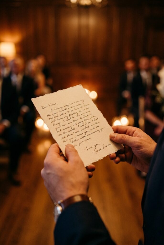 Close-up of a groom's handwritten vow card on thick cream card stock, held in both hands, soft candlelit warm light Image prompt: Photorealistic close-up portrait of a groom's handwritten wedding vows on thick cream card stock with deckled edges, held gently in both hands at waist height, warm candlelit ceremony light from behind, slightly blurred background suggesting an aisle or ceremony space, handwriting visible but not legible, ultra-detailed paper texture and ink texture, intimate and emotional atmosphere, no text overlays. Generate in vertical portrait orientation, 2:3 aspect ratio, optimized for mobile display.