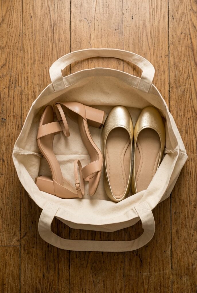 Wedding guest shoes side by side — one pair of block-heeled nude sandals and one pair of flat gold ballet flats inside a tote bag, warm indoor light Image prompt: Photorealistic portrait of two pairs of women's wedding guest shoes positioned side by side inside an open tote bag on a wooden floor — a pair of nude block-heeled sandals with an ankle strap and a pair of gold flat ballet flats — warm soft indoor ambient light from above, ultra-detailed leather and fabric texture, no text overlays. Generate in vertical portrait orientation, 2:3 aspect ratio, optimized for mobile display.