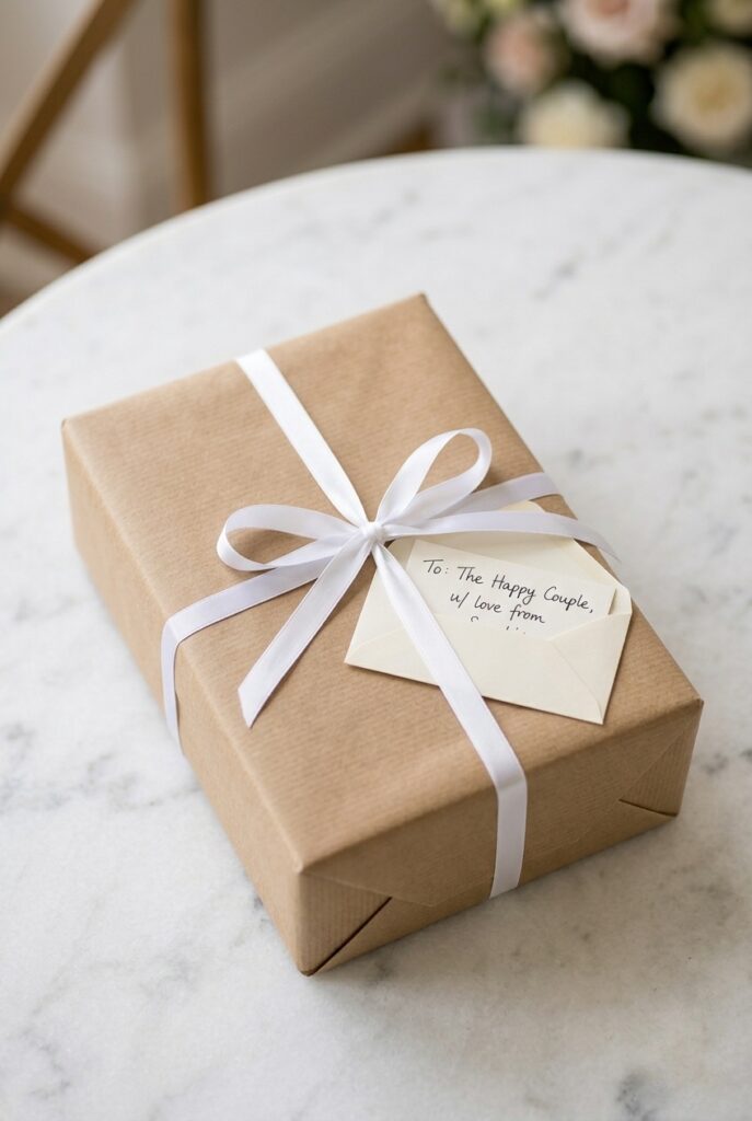 A neatly wrapped wedding gift in kraft paper with a white ribbon and a small handwritten gift card, placed on a marble surface, soft natural light Image prompt: Photorealistic portrait of a neatly wrapped wedding gift box in natural kraft paper with a thin white satin ribbon tied in a clean bow, a small cream envelope with a handwritten address card tucked under the ribbon, placed on a white marble surface, soft even natural daylight from above, ultra-detailed paper and ribbon texture, no text overlays. Generate in vertical portrait orientation, 2:3 aspect ratio, optimized for mobile display.